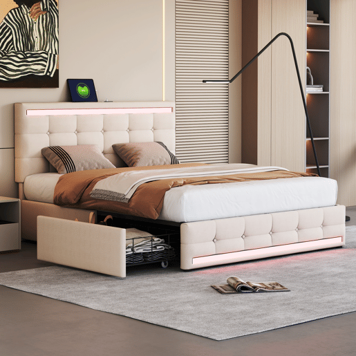 Cama estofada em linho com 4 gavetas + LED e 2 portas USB + estrado - 140x200cm - linho - bege