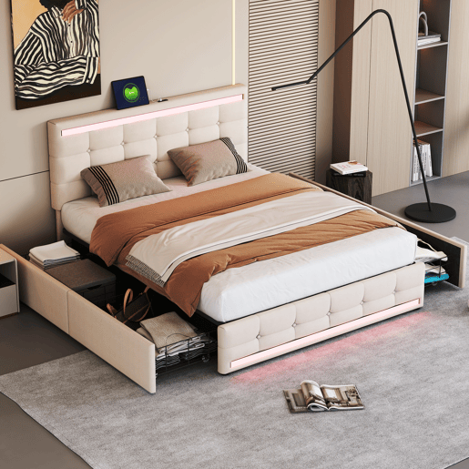 Cama estofada em linho com 4 gavetas + LED e 2 portas USB + estrado - 140x200cm - linho - bege