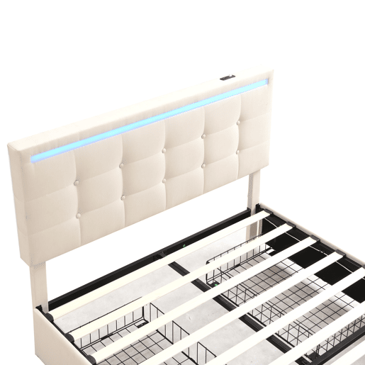 Cama estofada em linho com 4 gavetas + LED e 2 portas USB + estrado - 140x200cm - linho - bege
