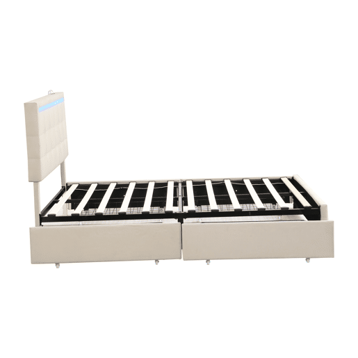 Cama estofada em linho com 4 gavetas + LED e 2 portas USB + estrado - 140x200cm - linho - bege