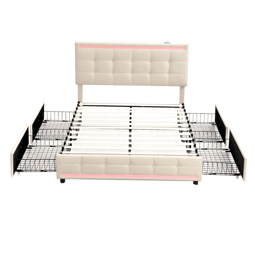Cama estofada em linho com 4 gavetas + LED e 2 portas USB + estrado - 140x200cm - linho - bege