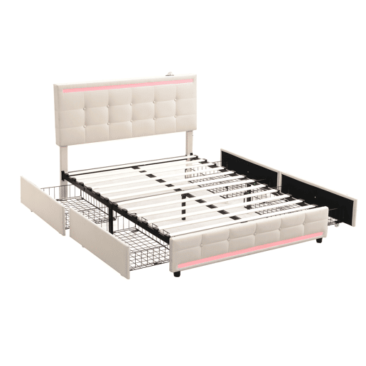 Cama estofada em linho com 4 gavetas + LED e 2 portas USB + estrado - 140x200cm - linho - bege