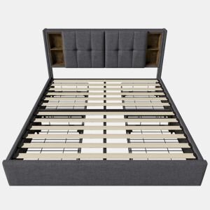 Cama estofada em linho com gavetas 160x200 cm - com carregamento sem fios e estrado - Cinzento