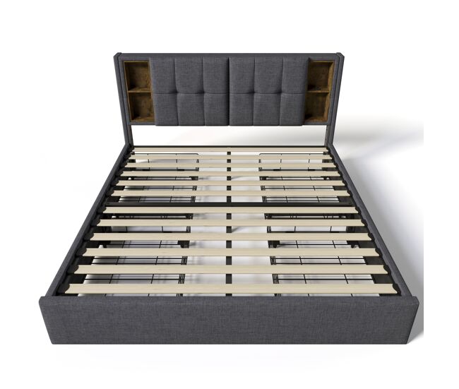 Cama con cajones 160x200 cm acolchada de lino - con carga inalámbrica y somier - gris