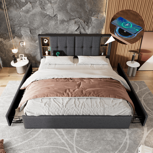 Cama estofada em linho com gavetas 160x200 cm - com carregamento sem fios e estrado - Cinzento