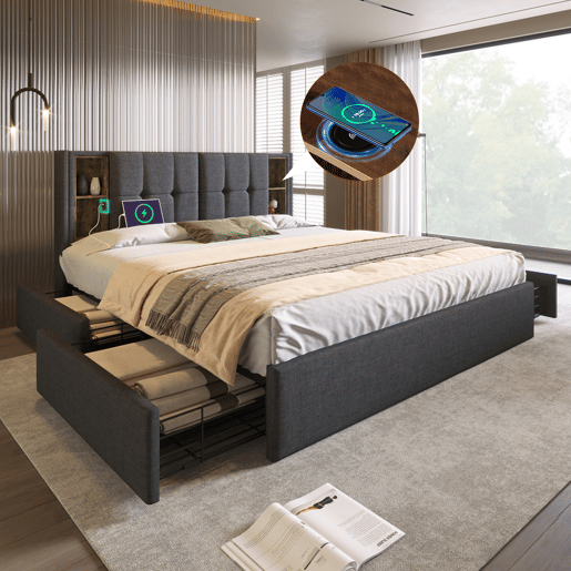 Cama estofada em linho com gavetas 160x200 cm - com carregamento sem fios e estrado - Cinzento