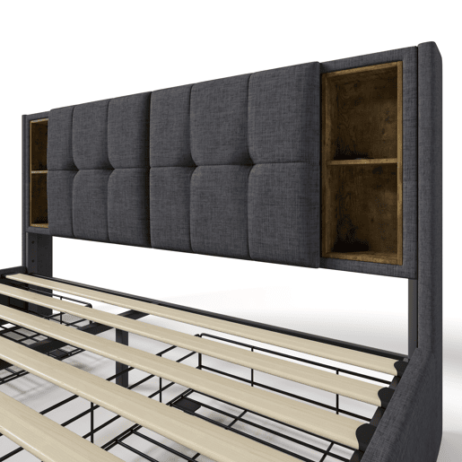 Cama estofada em linho com gavetas 160x200 cm - com carregamento sem fios e estrado - Cinzento