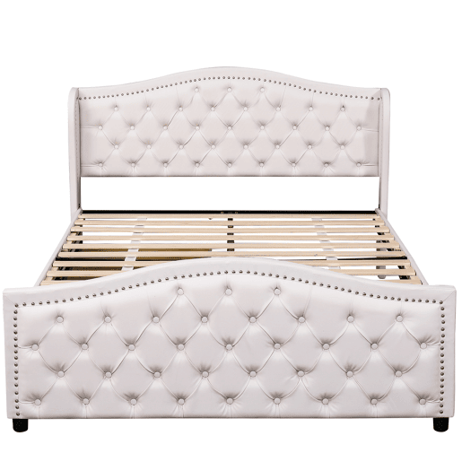 Cama de adulto estofada em imitação de pele - 160x200cm - com 2 gavetas - Branco