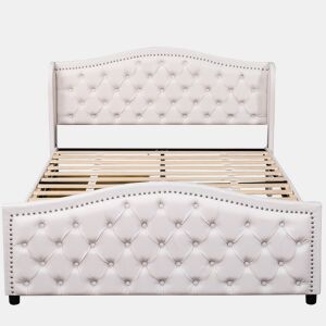 Cama de adulto estofada em imitação de pele - 160x200cm - com 2 gavetas - Branco