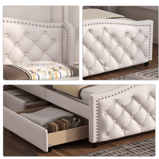 Cama de adulto estofada em imitação de pele - 160x200cm - com 2 gavetas - Branco