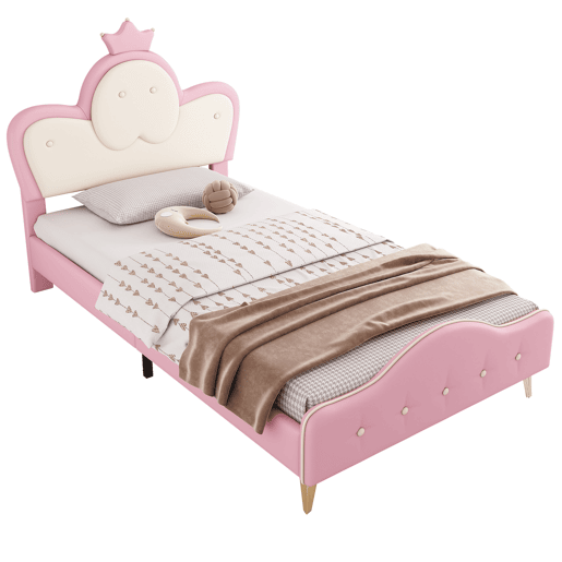 Cama de criança,cama de solteiro de pu 90x200cm com luz led,rosa
