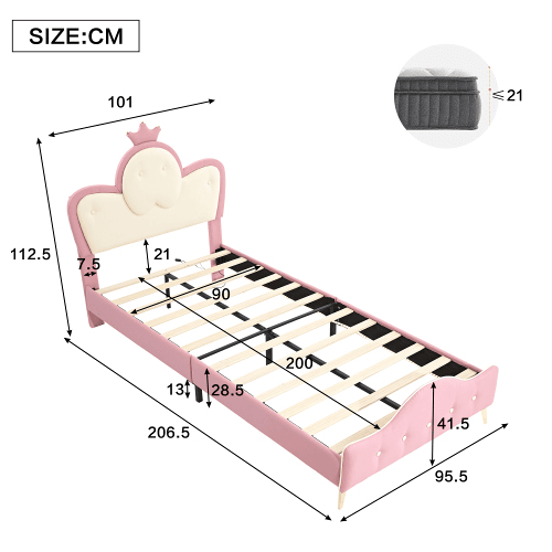 Cama de criança,cama de solteiro de pu 90x200cm com luz led,rosa
