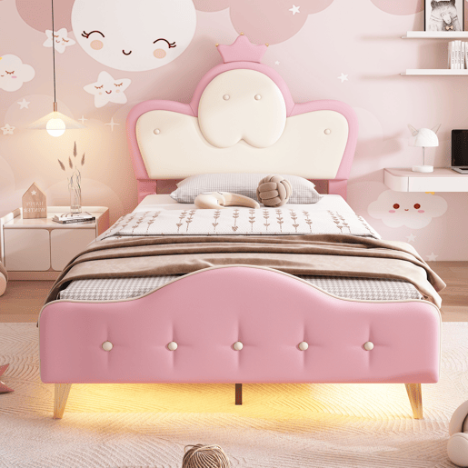 Cama de criança,cama de solteiro de pu 90x200cm com luz led,rosa