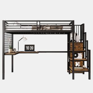 Cama de criança,cama alta de metal e mdf 90x200cm,preto