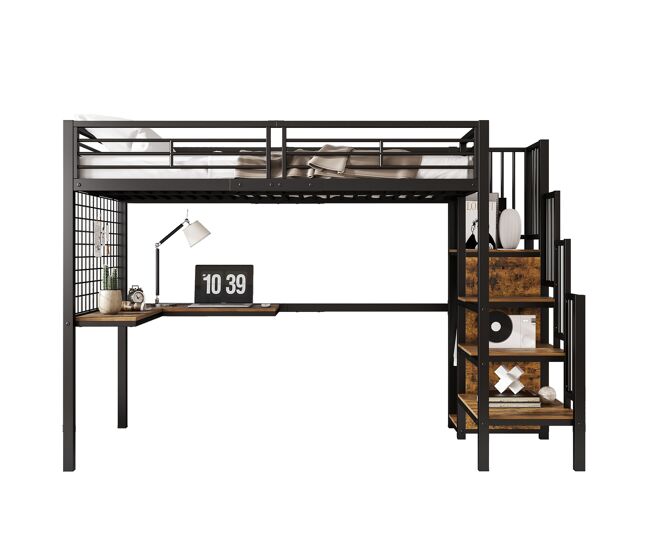 Cama infantil,cama alta de metal y mdf 90x200cm con mesa,armario,escalera con almacenaje y protección contra caídas,negro