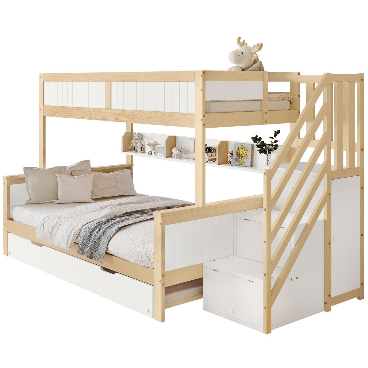 Litera,cama nido infantil de madera de pino 90/120x200(90x190)cm con armario,estante,escalera con almacenaje y protección contra caídas,blanco+natural