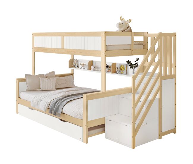 Litera,cama nido infantil de madera de pino 90/120x200(90x190)cm con armario,estante,escalera con almacenaje y protección contra caídas,blanco+natural
