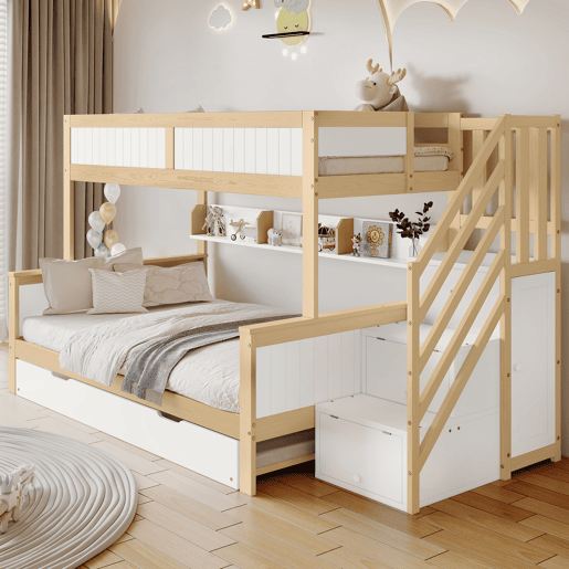 Beliche,cama gavetão de madeira de pinho 90120x200(90x190)cm,branco+natural