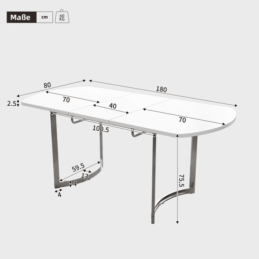 Mesa de jantar extensível para 4 a 6 pessoas em MDF - 140180 x 80 cm - Branco
