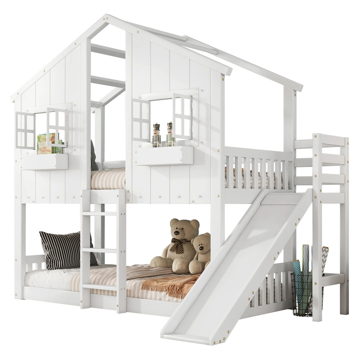 litera infantil de madera de pino 90x200cm con tobogantechoventanaescalera y proteccion contra caidasblanco