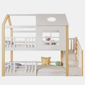 Beliche,cama-casa de madeira de pinho 90x200cm,branco+natural