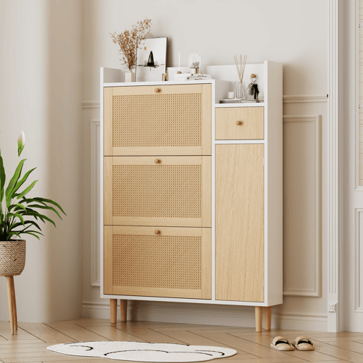 Sapateira em madeira e rotim - 3 portas com dobradiças e 1 gaveta - prateleira ajustável - Natural e branco