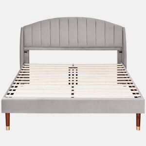 Cama estofada 160x200cm em veludo com estrado de ripas - Cinzento