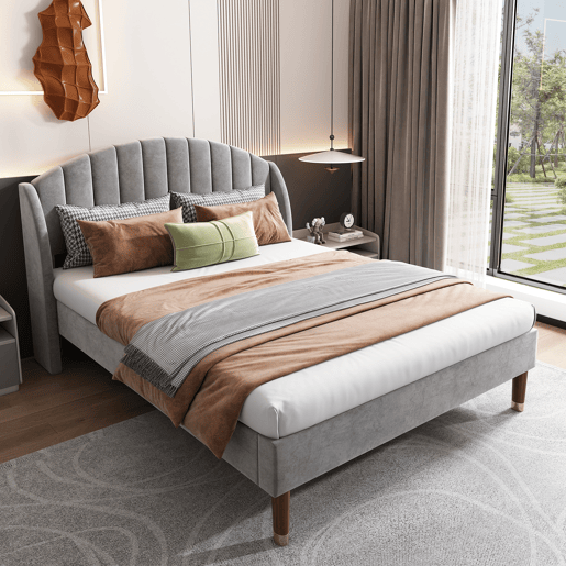 Cama estofada 160x200cm em veludo com estrado de ripas - Cinzento