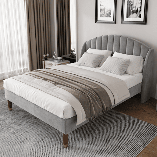 Cama estofada 160x200cm em veludo com estrado de ripas - Cinzento