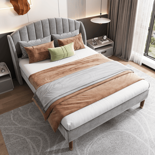 Cama estofada 160x200cm em veludo com estrado de ripas - Cinzento