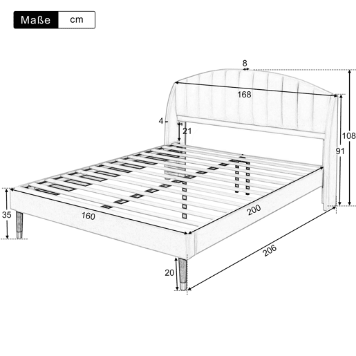 Cama estofada 160x200cm em veludo com estrado de ripas - Cinzento