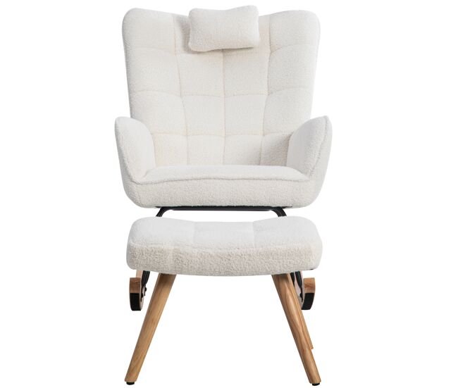 Mecedora、mecedora de tejido de rizo francés - con almohada y reposapiés - blanco