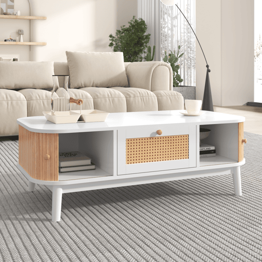 Mesa de centro para sala de estar - decorada com rotim e madeira maciça - estilo rústico - Branco