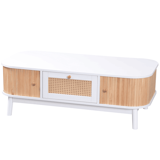 Mesa de centro para sala de estar - decorada com rotim e madeira maciça - estilo rústico - Branco
