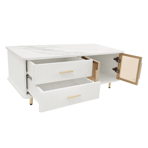 Mesa de centro escandinava - 2 gavetas e 2 portas - LED integrado - folheado a mármore - Branco Mesa de centro escandinava - 2 gavetas e 2 portas - LED integrado - folheado a mármore - Branco