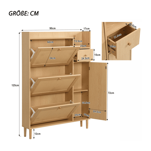 Sapateira em madeira e rotim - 3 portas com dobradiças e 1 gaveta - prateleira regulável - Natural