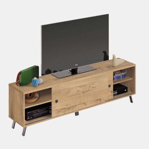Mesa de TV Kamet com 2 portas de correr, cor carvalho dourado, sala de estar, sala de jantar, estilo industrial, 52x160x40 cm
