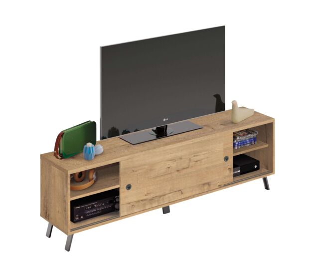 Mesa Para Tv Kamet 2 Puertas Correderas Color Roble Gold Salón Comedor Estilo Industrial 52x160x40 cm