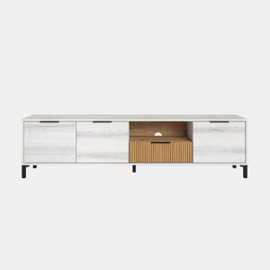 Móvel de TV para Sala de Estar e Sala de Jantar, Estilo Nórdico, Tóquio, em Branco Albo e Carvalho Listrado com 3 Portas e 2 Gavetas, 178 cm