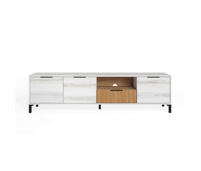 Mueble de TV para Salón Comedor Tokio Estilo Nórdico en Color Blanco Albo y Roble Rayado con 3 Puertas y 2 Cajones 178 cm