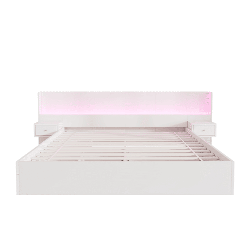 Contentor-cama para adultos 180x200 cm em madeira - com fichas USB e LED - 2 mesinhas de cabeceira e 2 gavetas - Branco