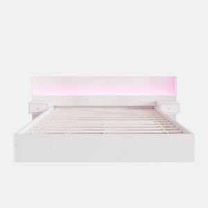 Contentor-cama para adultos 180x200 cm em madeira - com fichas USB e LED - 2 mesinhas de cabeceira e 2 gavetas - Branco