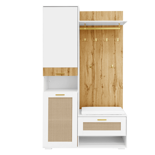 Roupeiro 110x38x190 cm com LED - com espelho + 5 ganchos + sapateira - Natural & Branco