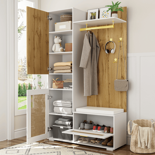 Roupeiro 110x38x190 cm com LED - com espelho + 5 ganchos + sapateira - Natural & Branco