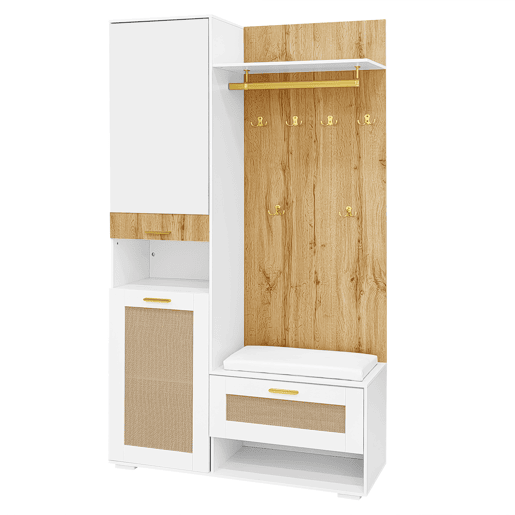 Roupeiro 110x38x190 cm com LED - com espelho + 5 ganchos + sapateira - Natural & Branco