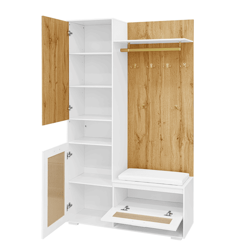 Roupeiro 110x38x190 cm com LED - com espelho + 5 ganchos + sapateira - Natural & Branco