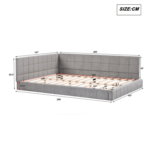 Cama para adultos 140x200cm em veludo com estrado de ripas e grade de ripas - Cinzento