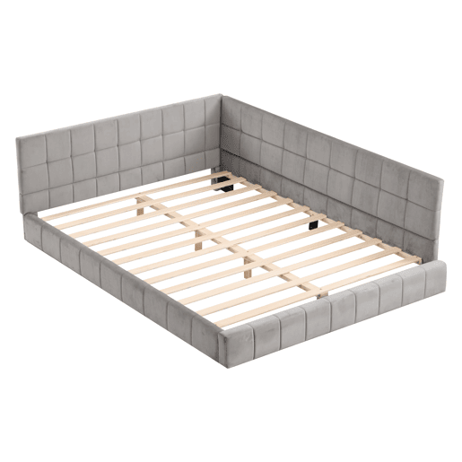 Cama para adultos 140x200cm em veludo com estrado de ripas e grade de ripas - Cinzento
