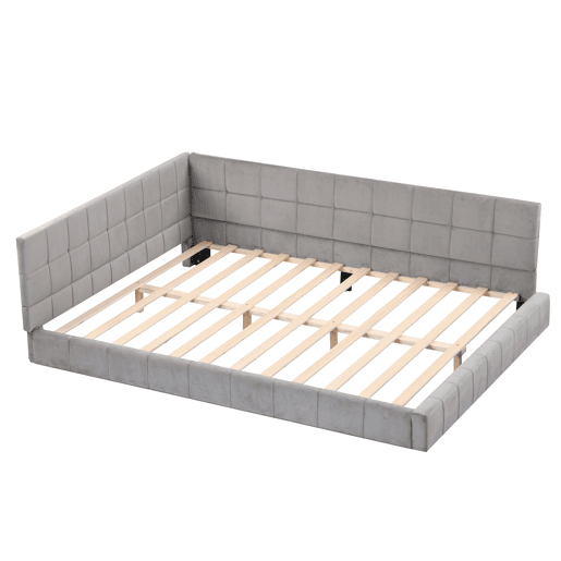Cama para adultos 140x200cm em veludo com estrado de ripas e grade de ripas - Cinzento