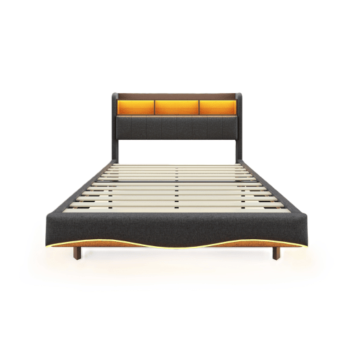 Cama de adulto 160x200 cm em tecido de linho - cabeceira com arrumação com LED e fichas - Cinzento